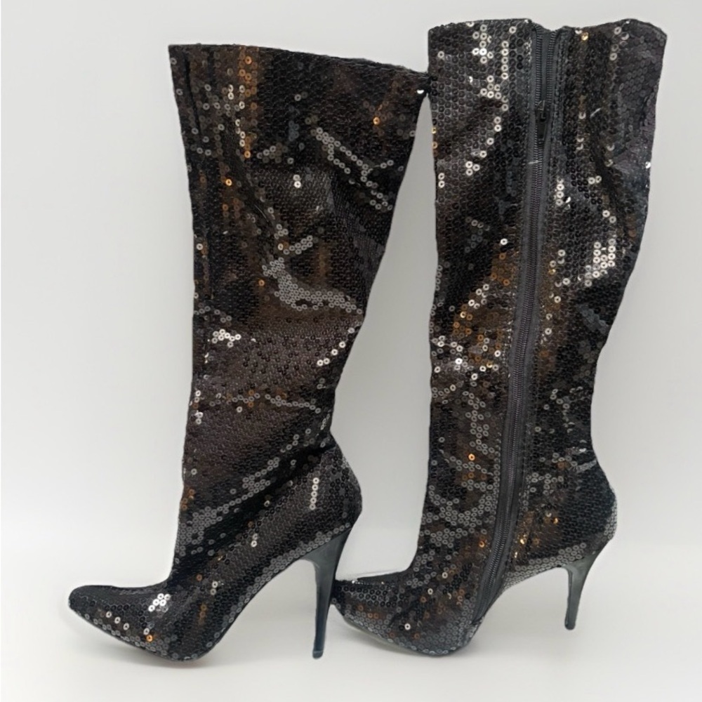 Ellie Black Sequin Knee-High Stiletto Boots – Size 9 – Statement Party Heels EUC